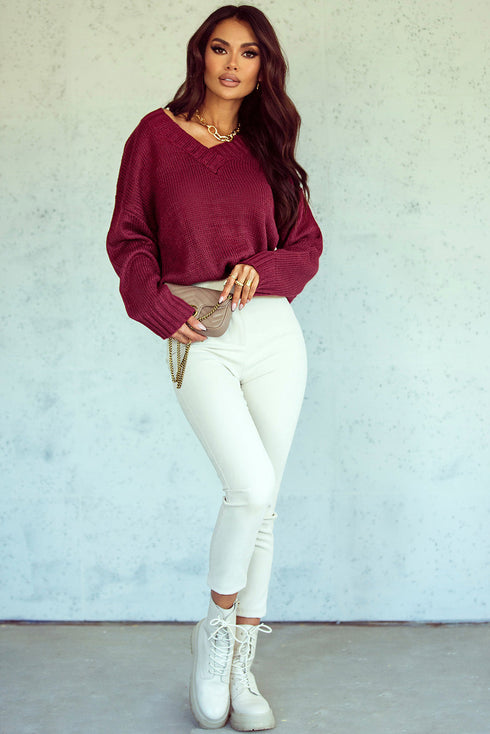 V Neck Drop Shoulder Knitted Sweater